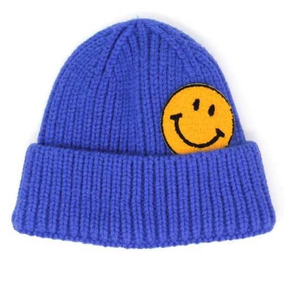 NEW Smile Smiley Happy Face Patch Cozy Soft Rib Knit Beanie Hat Ivory Black Gray - Picture 7 of 14